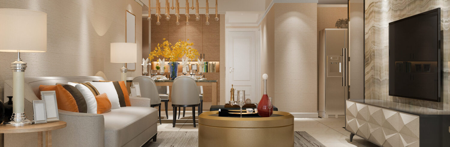 3d rendering modern dining room and living room with luxury decor